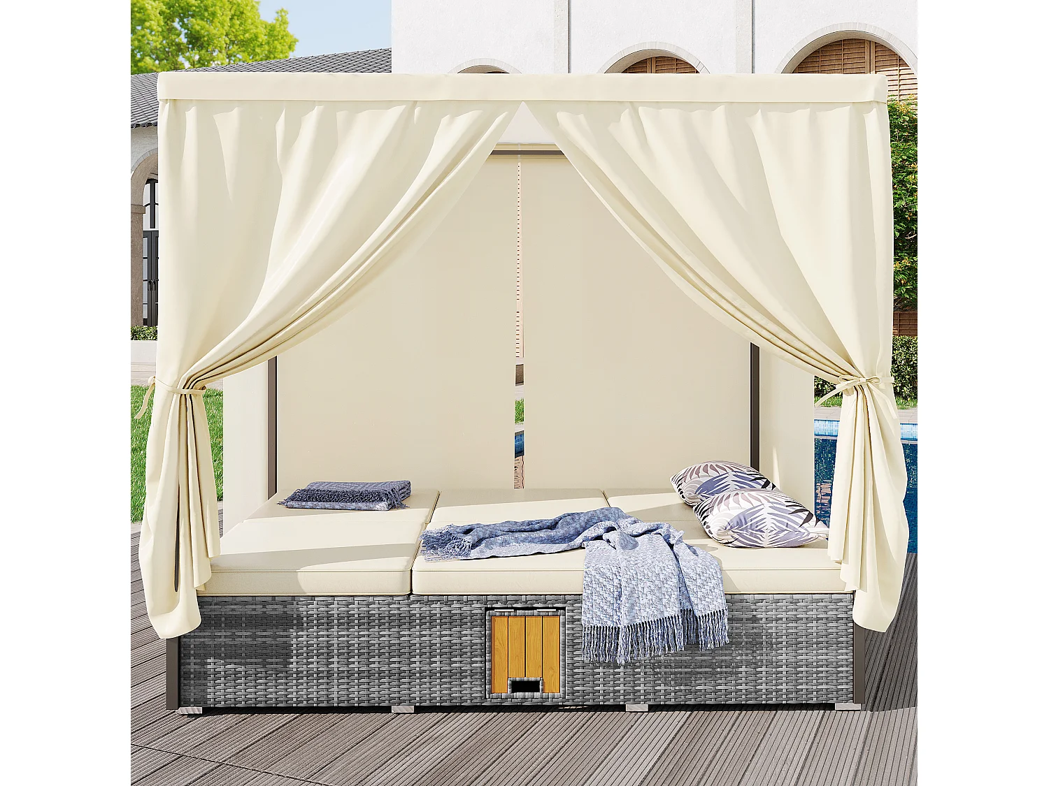 Salon de jardin relevable 2 places, Chaise longue de jardin en rotin polyester - rideau d'ombrage - 2 tables basses pliables - Gris + blanc