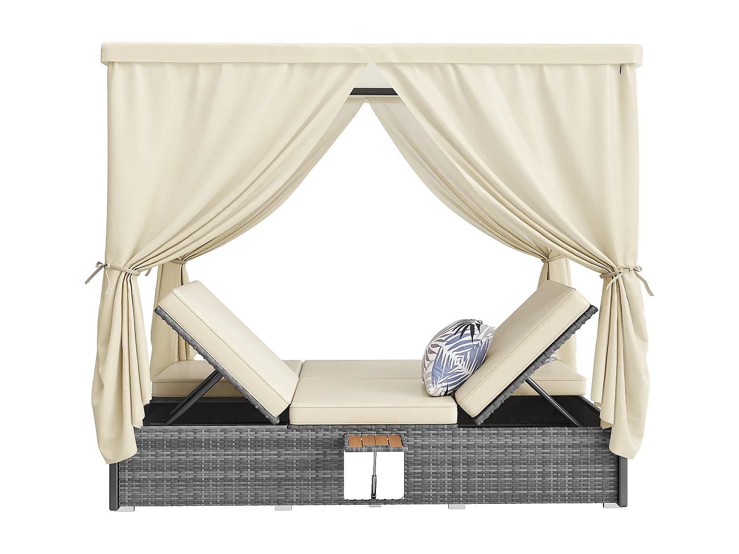 Salon de jardin relevable 2 places, Chaise longue de jardin en rotin polyester - rideau d'ombrage - 2 tables basses pliables - Gris + blanc