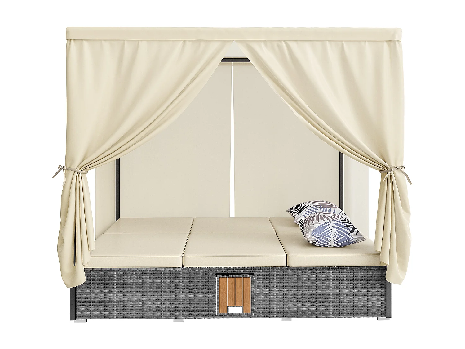 Salon de jardin relevable 2 places, Chaise longue de jardin en rotin polyester - rideau d'ombrage - 2 tables basses pliables - Gris + blanc