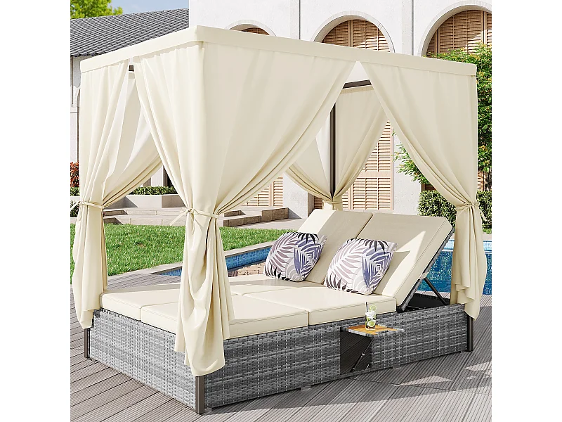 Ausziehbare 2-Sitzer-Gartenmöbel, Garten-Loungesessel aus Polyester-Rattan – Schattenvorhang – 2 klappbare Couchtische – Grau + Weiß