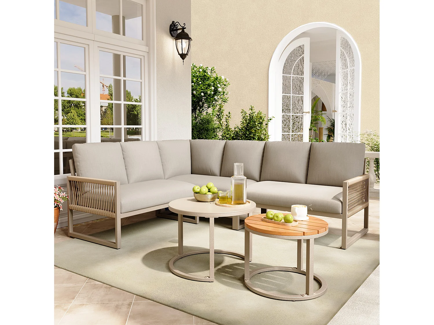 Salon de jardin modulable en fer galvanisé : 3 canapés 2 places + tables basses gigognes - Beige