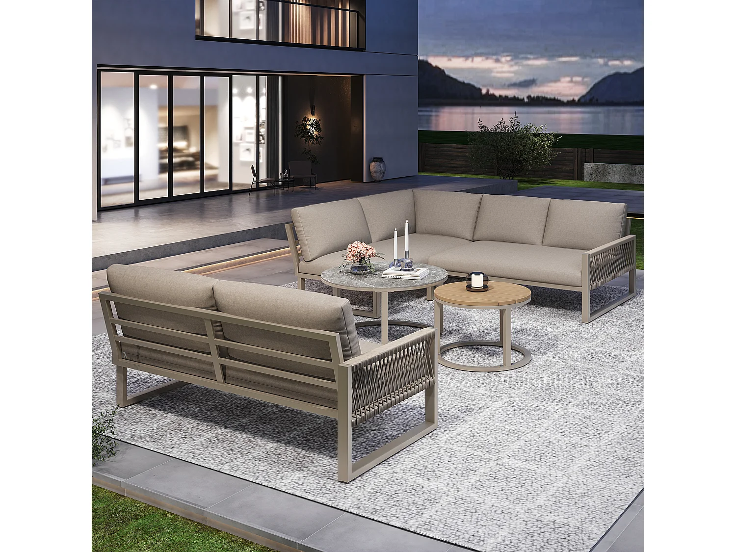 Salon de jardin modulable en fer galvanisé : 3 canapés 2 places + tables basses gigognes - Beige