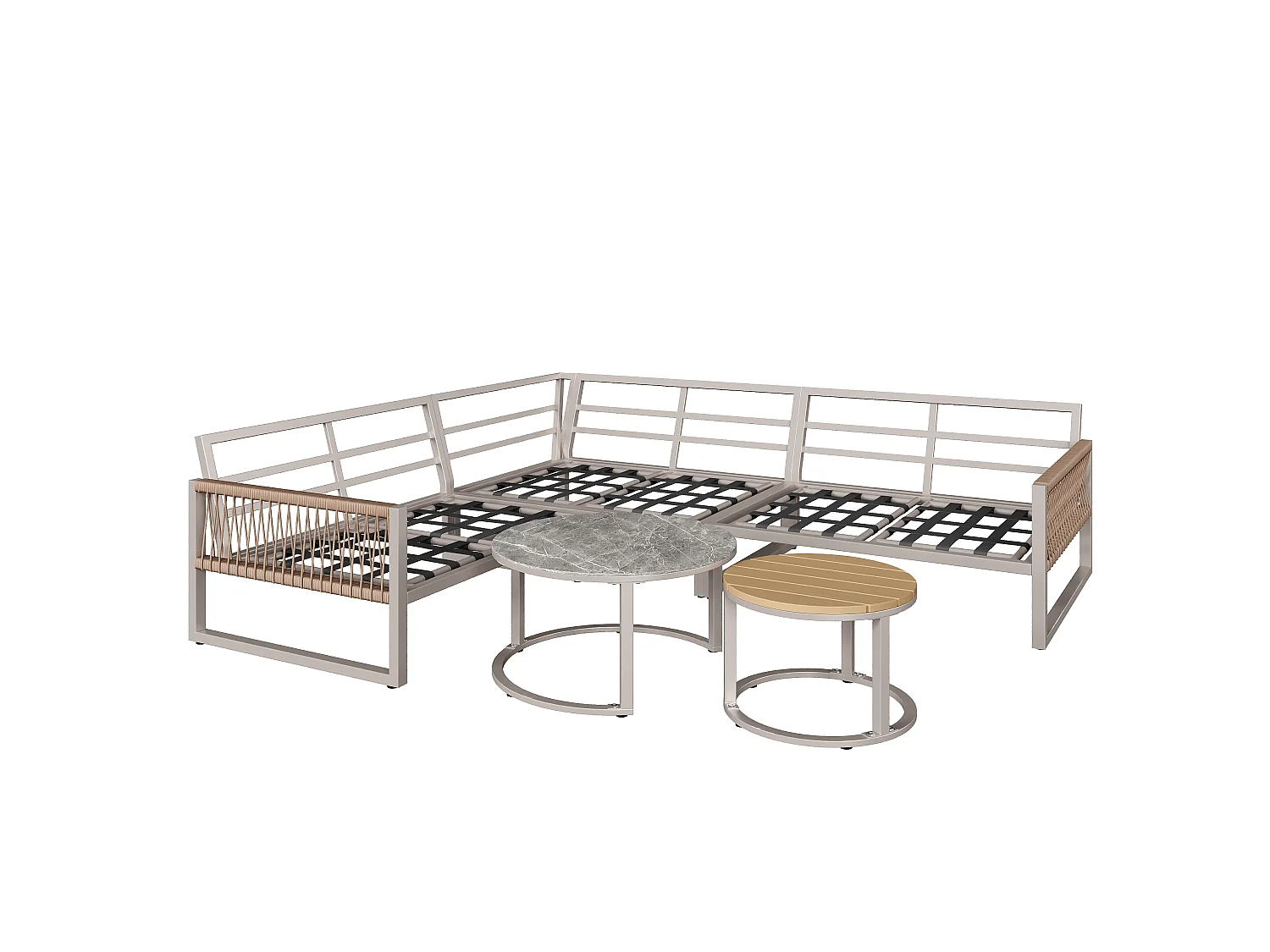 Salon de jardin modulable en fer galvanisé : 3 canapés 2 places + tables basses gigognes - Beige