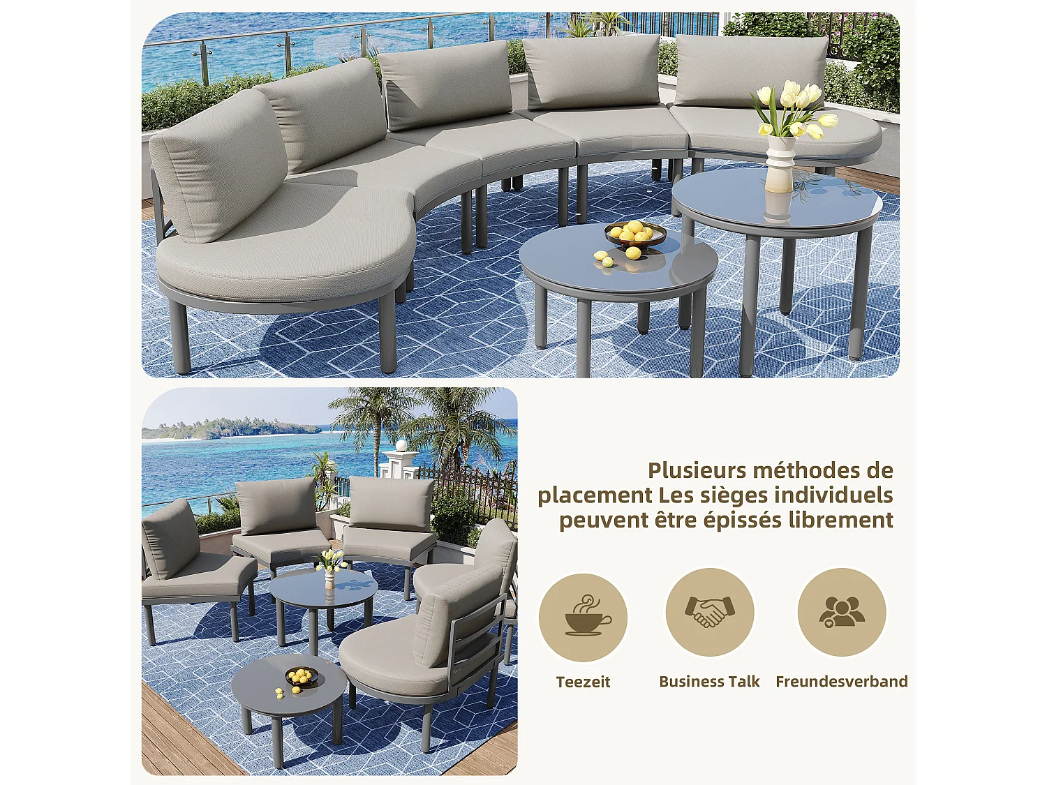 Salon de jardin en fer galvanisé : 1 canapé 5 places + tables basses gigognes en verre trempé - Gris