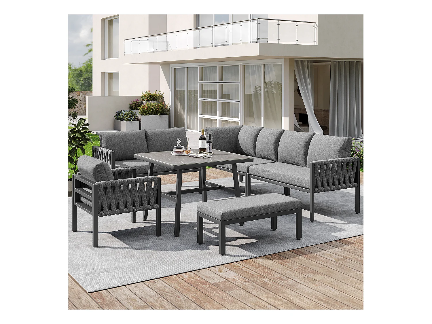 Arredo da giardino componibile in ferro zincato per 8 persone: 1 divano 4 posti + 1 divano 2 posti + 1 poltrona e 1 panca - 1 tavolino - Grigio