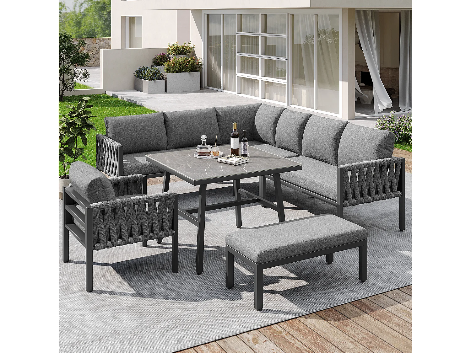 Zestaw mebli ogrodowych modułowych z ocynkowanego żelaza dla 8 osób: 1 sofa 4-osobowa + 1 sofa 2-osobowa + 1 fotel i 1 ławka - 1 stolik kawowy - Szary