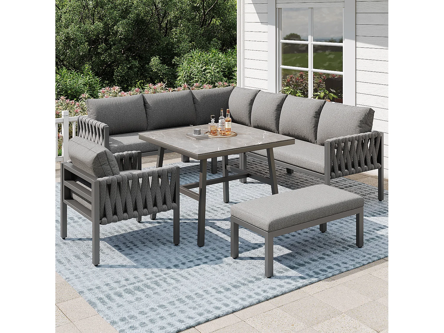 Zestaw mebli ogrodowych modułowych z ocynkowanego żelaza dla 8 osób: 1 sofa 4-osobowa + 1 sofa 2-osobowa + 1 fotel i 1 ławka - 1 stolik kawowy - Szary