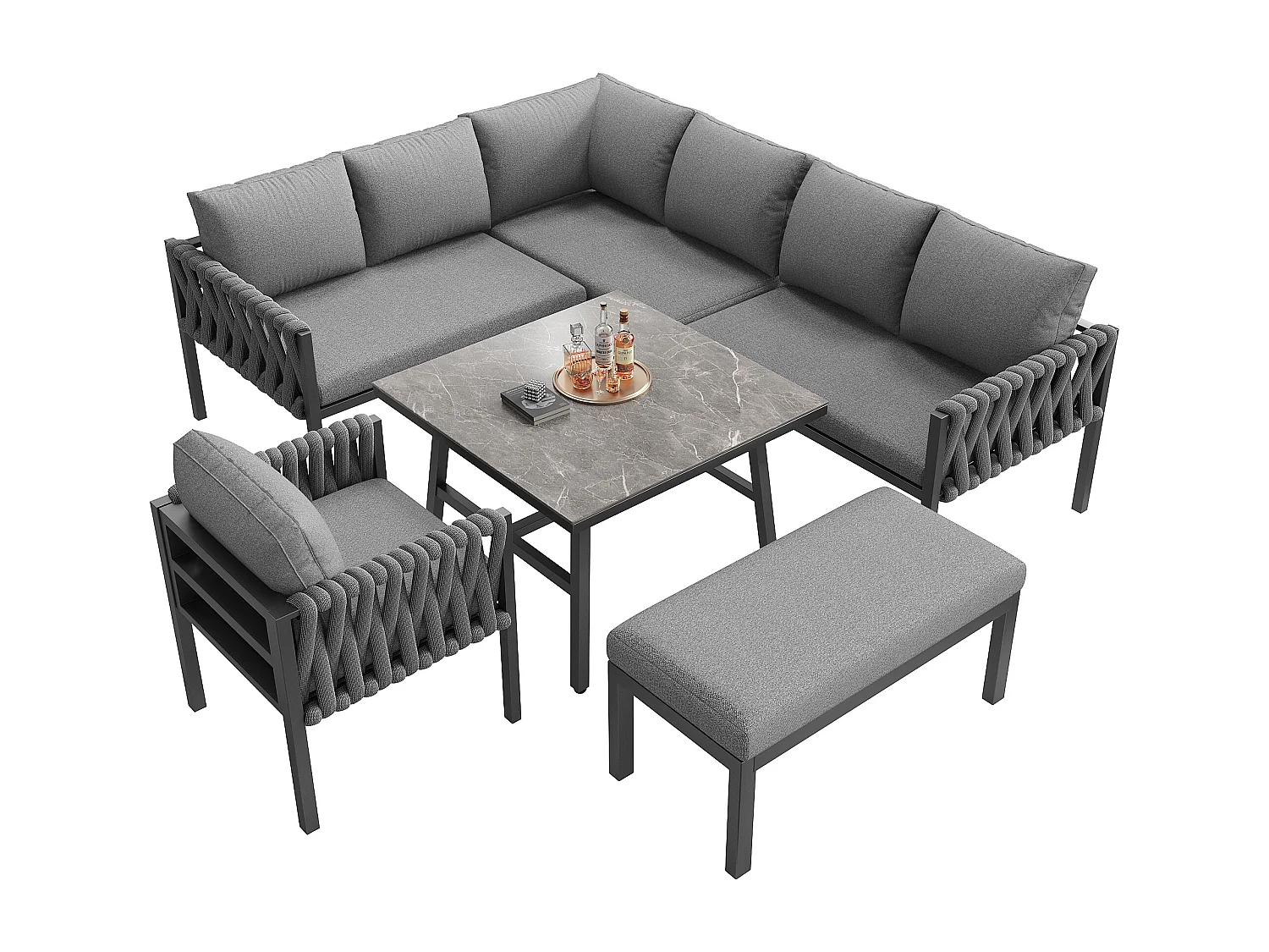 Zestaw mebli ogrodowych modułowych z ocynkowanego żelaza dla 8 osób: 1 sofa 4-osobowa + 1 sofa 2-osobowa + 1 fotel i 1 ławka - 1 stolik kawowy - Szary