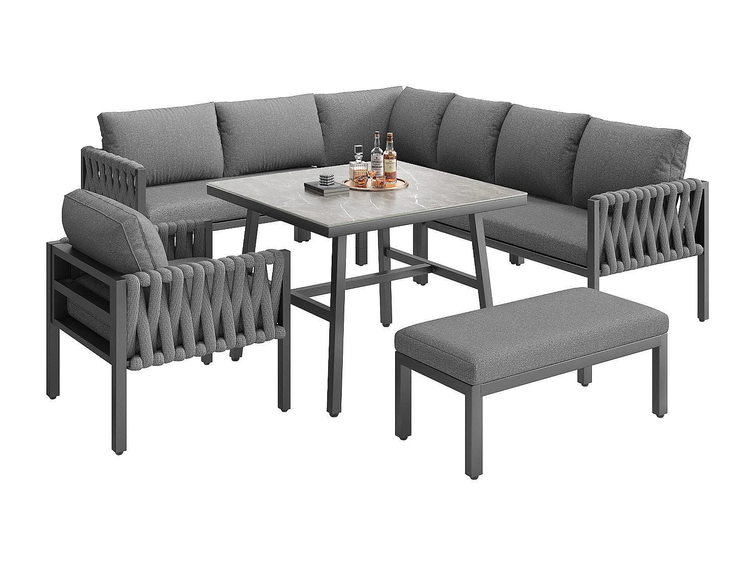 Zestaw mebli ogrodowych modułowych z ocynkowanego żelaza dla 8 osób: 1 sofa 4-osobowa + 1 sofa 2-osobowa + 1 fotel i 1 ławka - 1 stolik kawowy - Szary