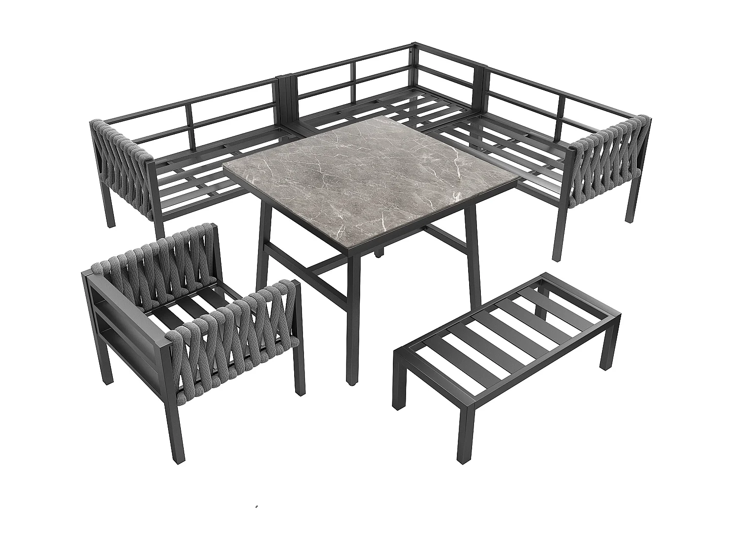 Zestaw mebli ogrodowych modułowych z ocynkowanego żelaza dla 8 osób: 1 sofa 4-osobowa + 1 sofa 2-osobowa + 1 fotel i 1 ławka - 1 stolik kawowy - Szary