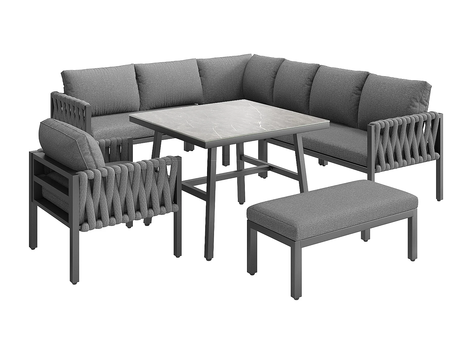 Zestaw mebli ogrodowych modułowych z ocynkowanego żelaza dla 8 osób: 1 sofa 4-osobowa + 1 sofa 2-osobowa + 1 fotel i 1 ławka - 1 stolik kawowy - Szary