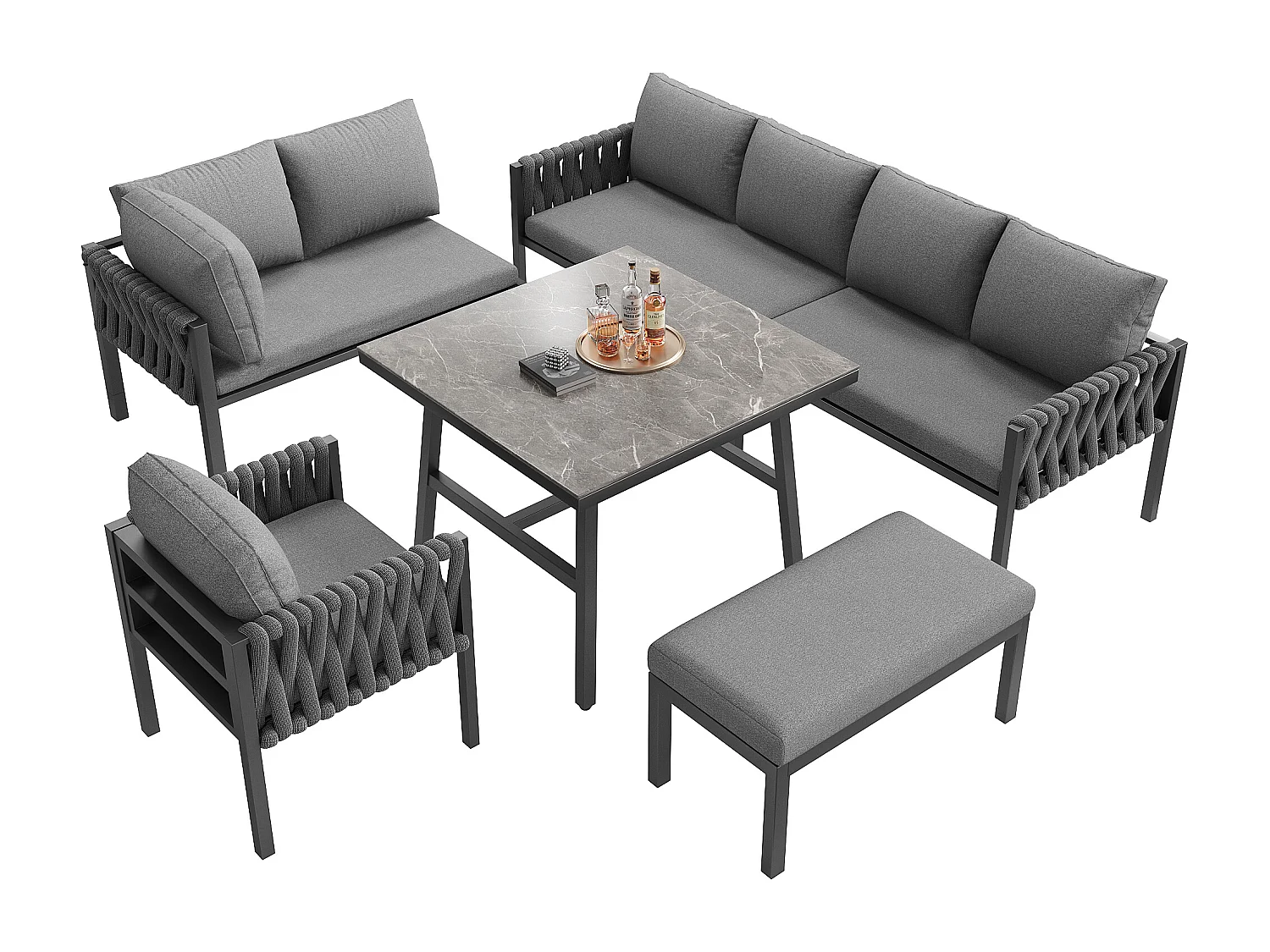 Zestaw mebli ogrodowych modułowych z ocynkowanego żelaza dla 8 osób: 1 sofa 4-osobowa + 1 sofa 2-osobowa + 1 fotel i 1 ławka - 1 stolik kawowy - Szary