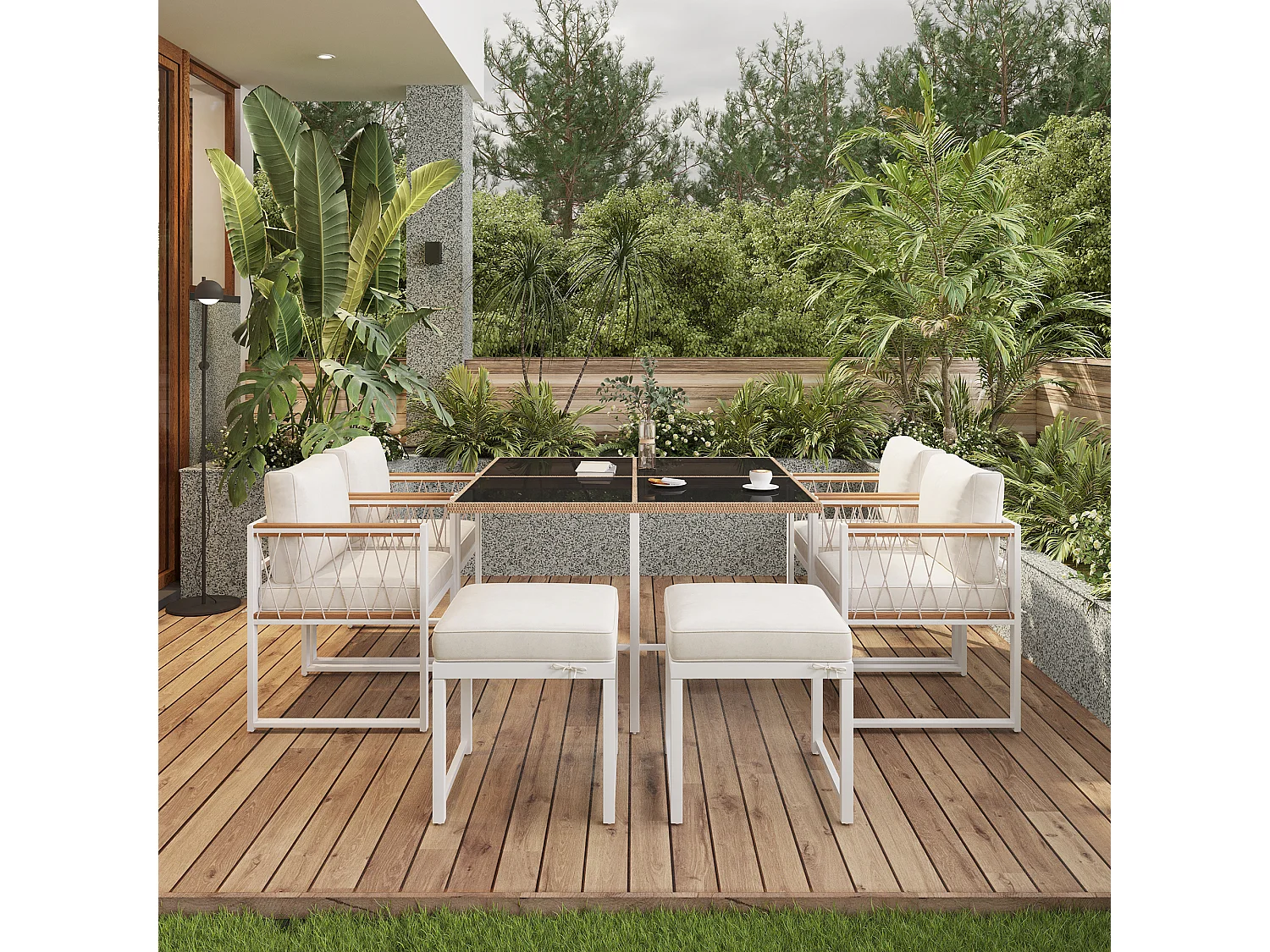 Salon de jardin en bois d'acacia 6 places : table à manger + 4 fauteuils + 2 tabourets - pour terrasse, jardin et balcon - Blanc + naturel