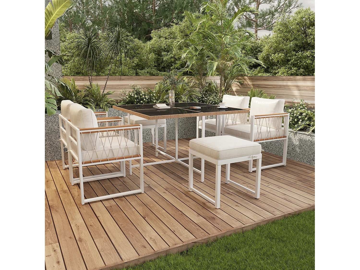 Salon de jardin en bois d'acacia 6 places : table à manger + 4 fauteuils + 2 tabourets - pour terrasse, jardin et balcon - Blanc + naturel