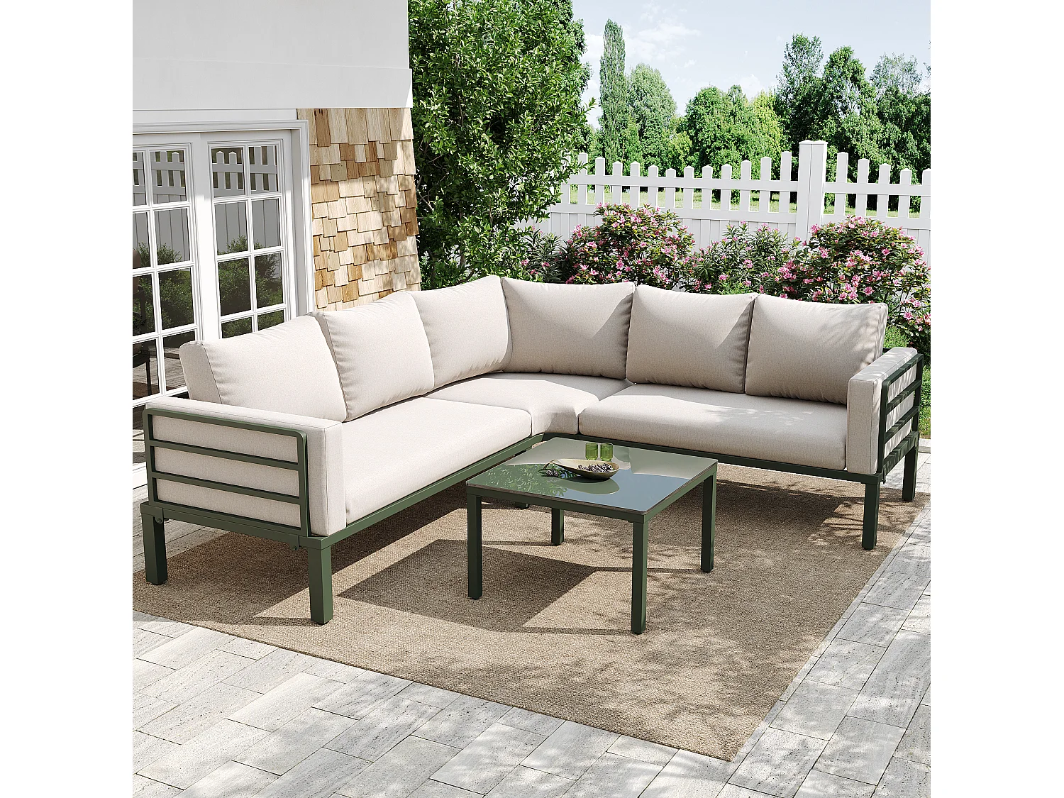 Salon de jardin d'angle en fer galvanisé : 1 canapé 5 places + table basse en verre trempé - Beige + vert