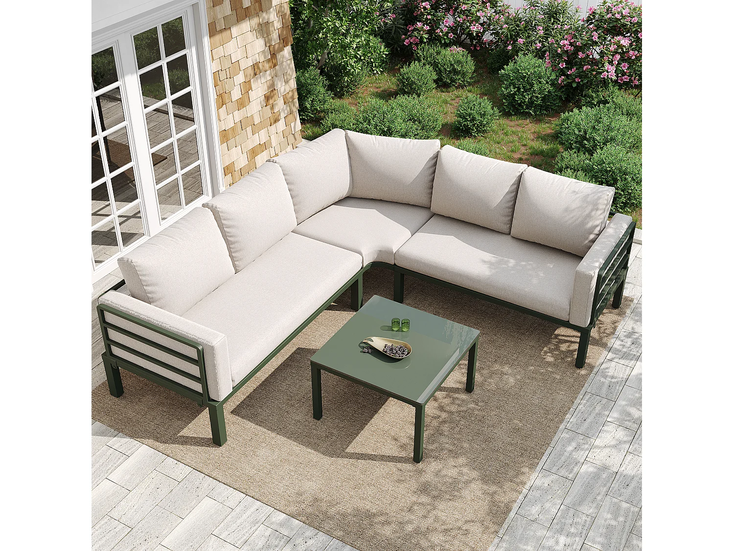 Salon de jardin d'angle en fer galvanisé : 1 canapé 5 places + table basse en verre trempé - Beige + vert