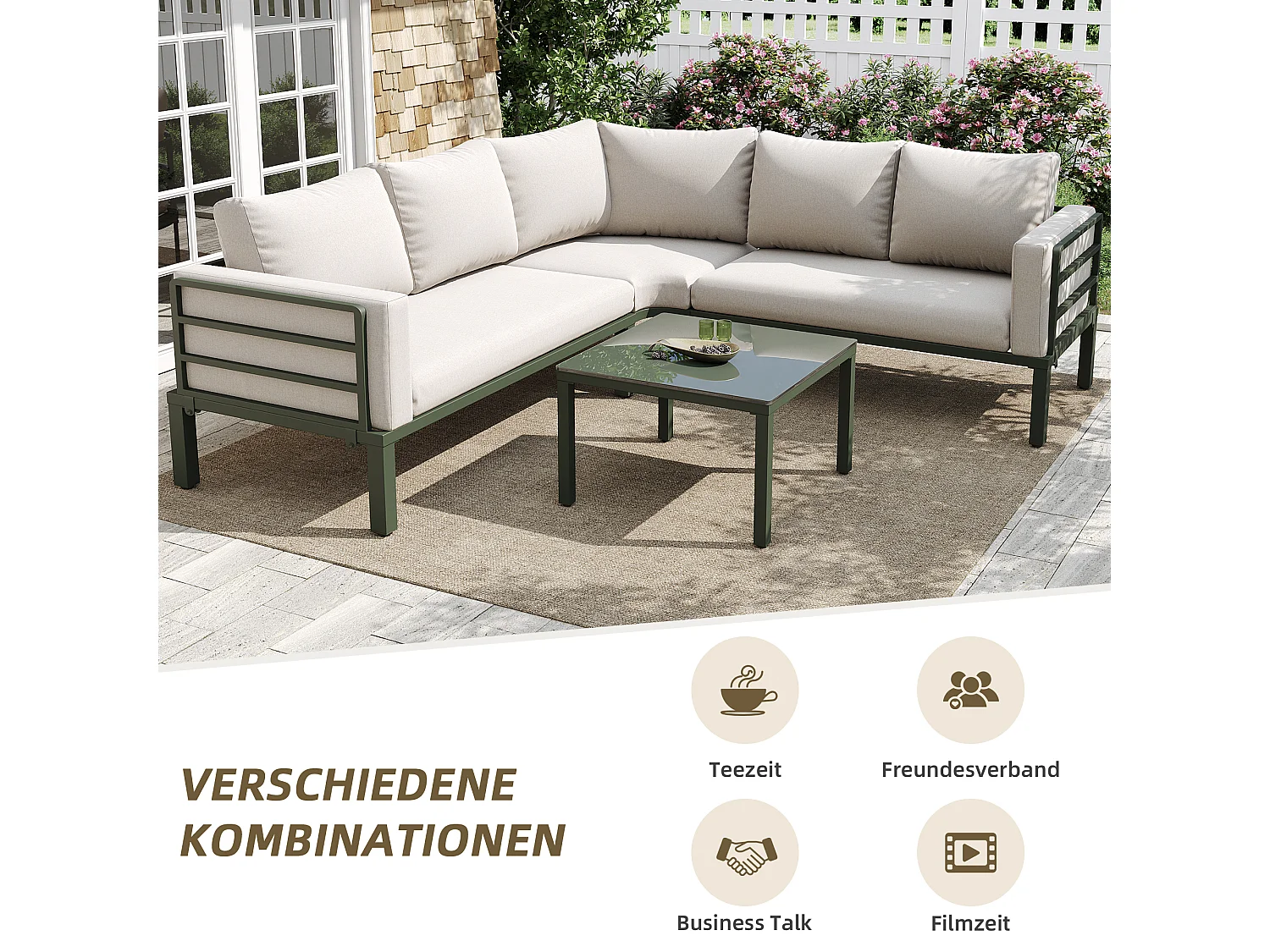 Salon de jardin d'angle en fer galvanisé : 1 canapé 5 places + table basse en verre trempé - Beige + vert