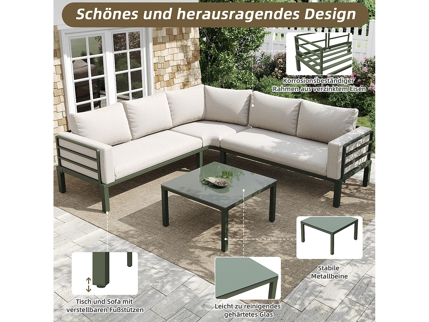 Salon de jardin d'angle en fer galvanisé : 1 canapé 5 places + table basse en verre trempé - Beige + vert