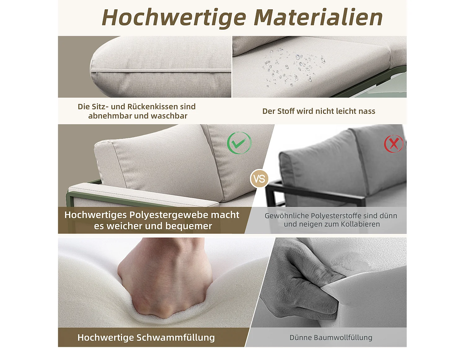 Salon de jardin d'angle en fer galvanisé : 1 canapé 5 places + table basse en verre trempé - Beige + vert