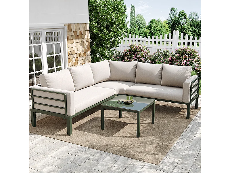 Salon de jardin d'angle en fer galvanisé : 1 canapé 5 places + table basse en verre trempé - Beige + vert
