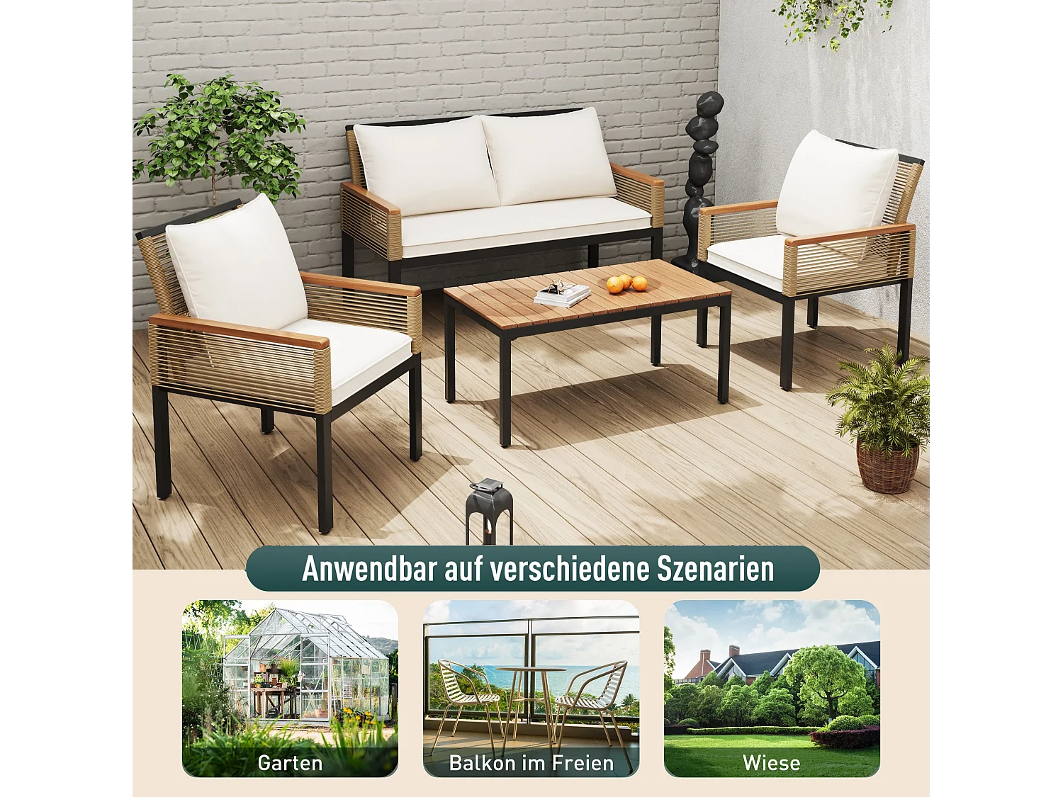 Salon de jardin modulable en métal : 1 canapé 2 places + 2 fauteuils + 1 table basse - Beige