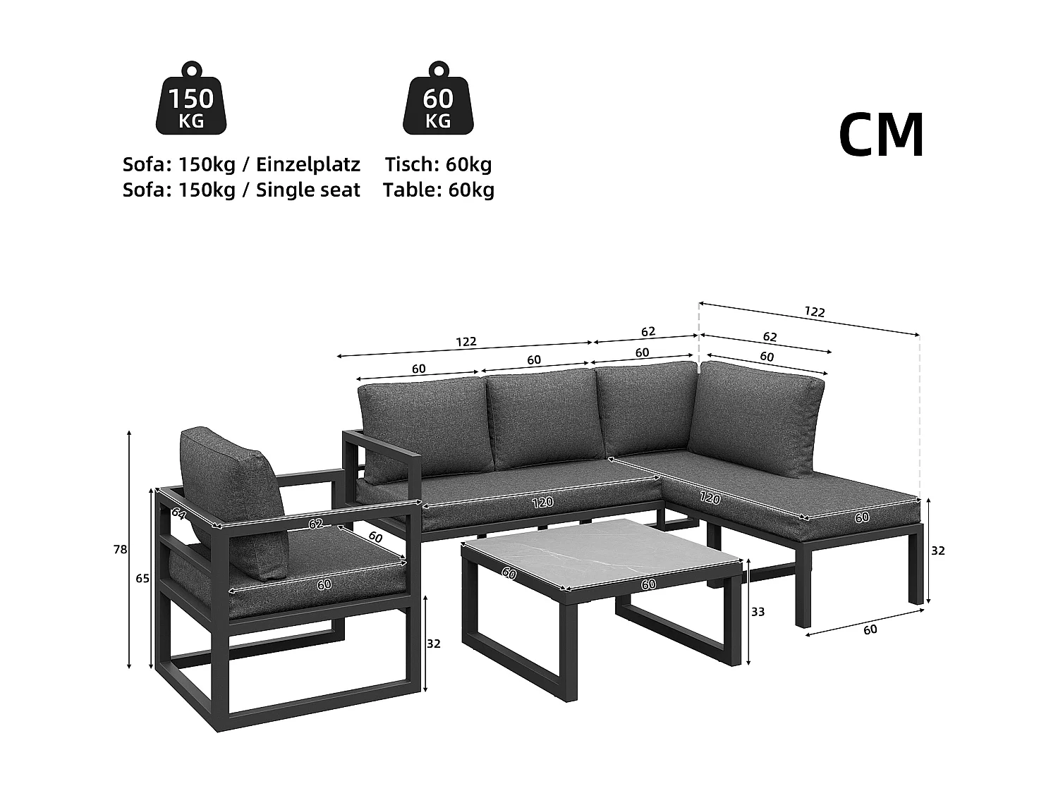 Salon de jardin modulable en fer galvanisé 2 places : 2 canapé 2 places + 1 fauteuil - 1 table basse - Gris