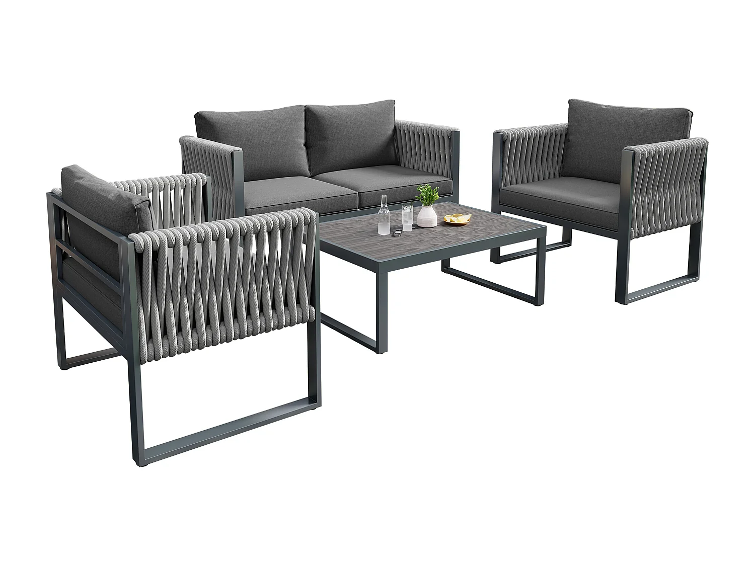 Zestaw mebli ogrodowych modułowych z ocynkowanego żelaza: 1 sofa 2-osobowa + 2 fotele + prostokątny stolik kawowy - Szary