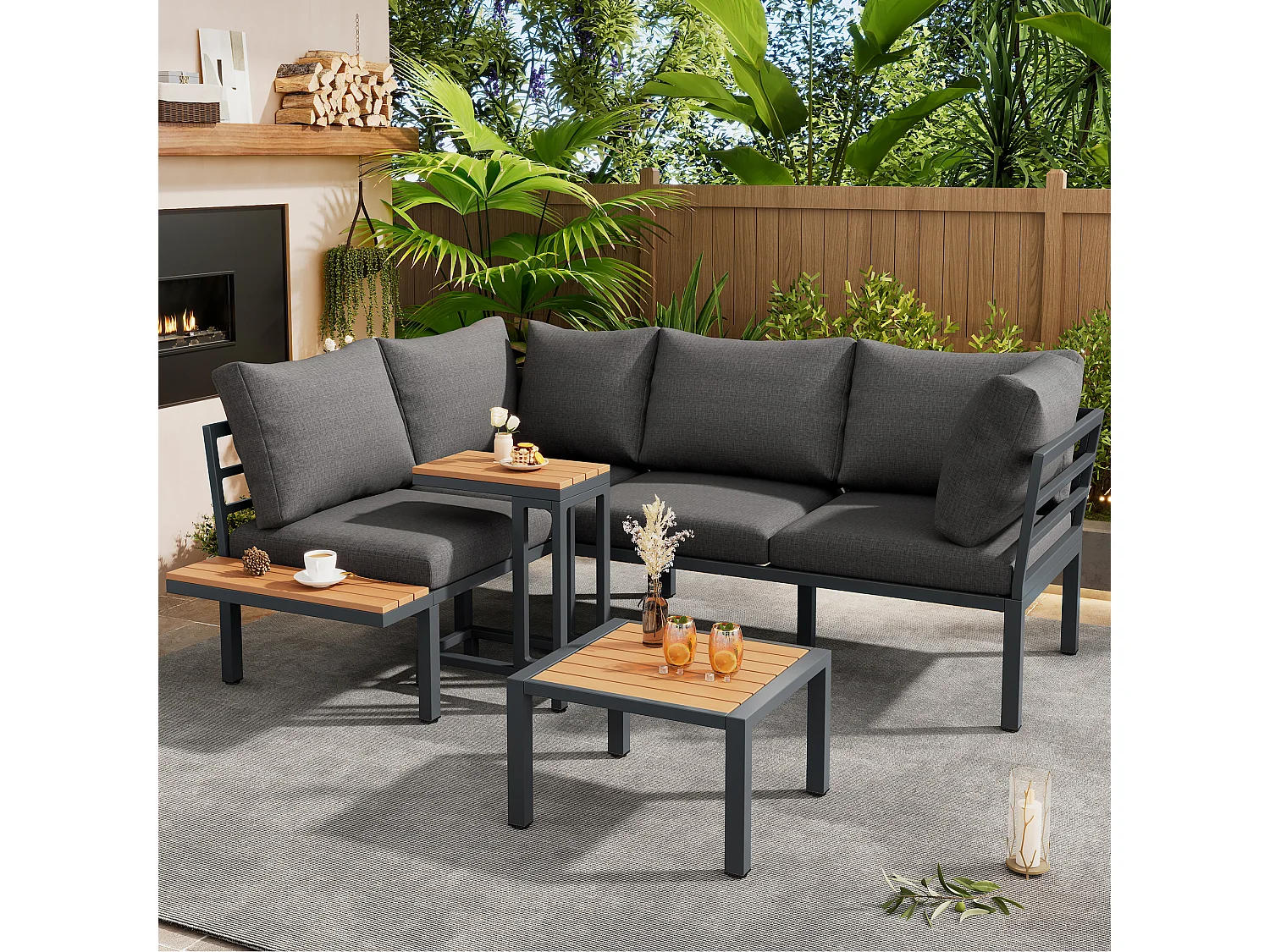 Salon de jardin d'angle en acier galvanisé : 2 canapé 2 places + 1 table basse + 1 table d'appoint - Gris + noir