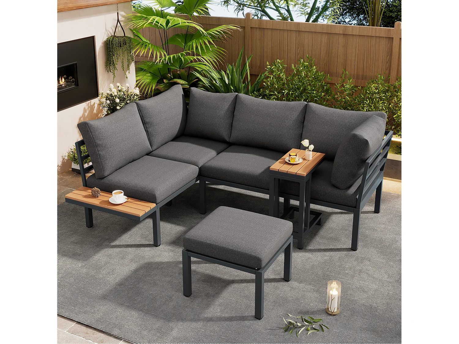 Salon de jardin d'angle en acier galvanisé : 2 canapé 2 places + 1 table basse + 1 table d'appoint - Gris + noir