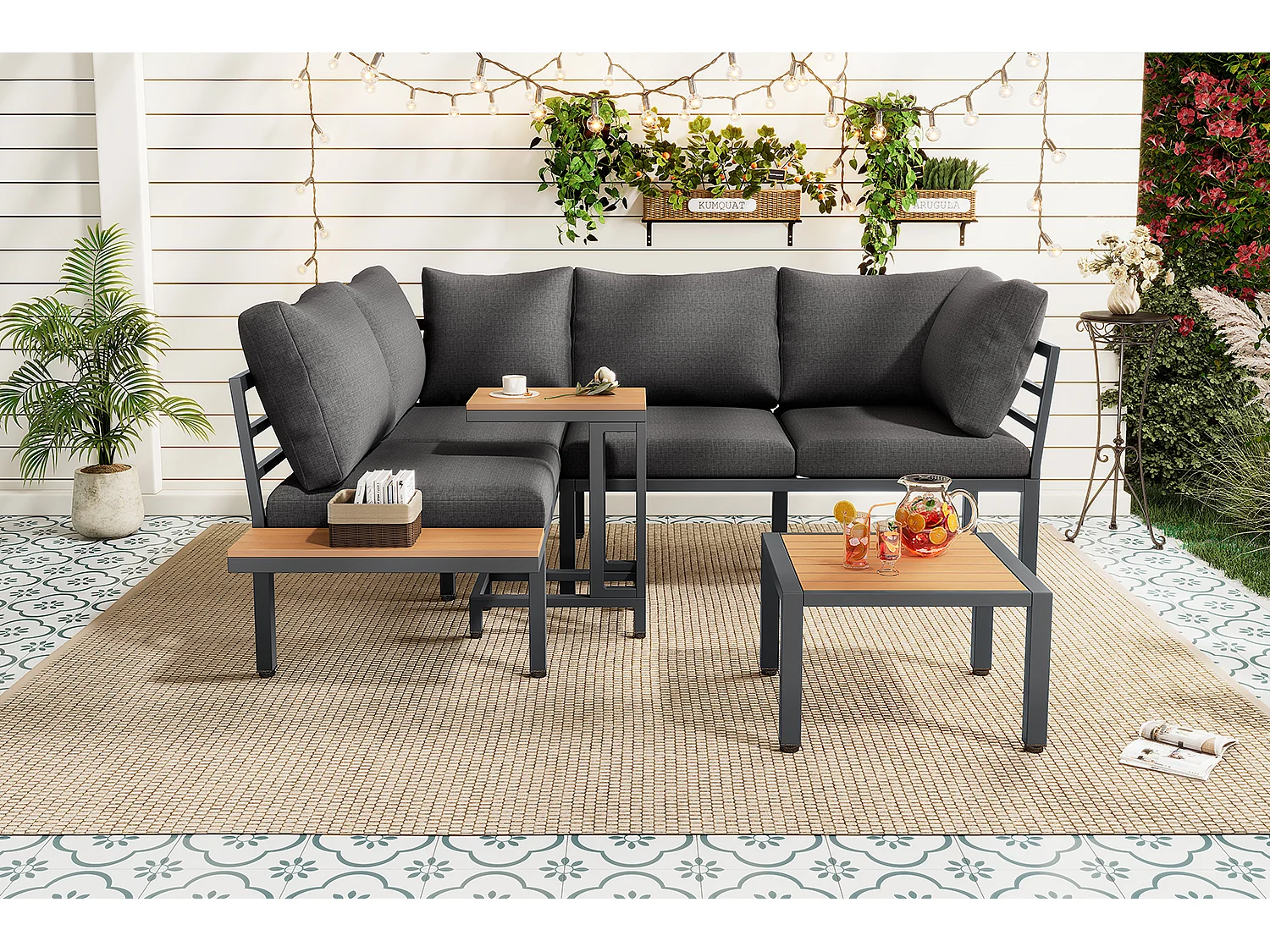 Salon de jardin d'angle en acier galvanisé : 2 canapé 2 places + 1 table basse + 1 table d'appoint - Gris + noir