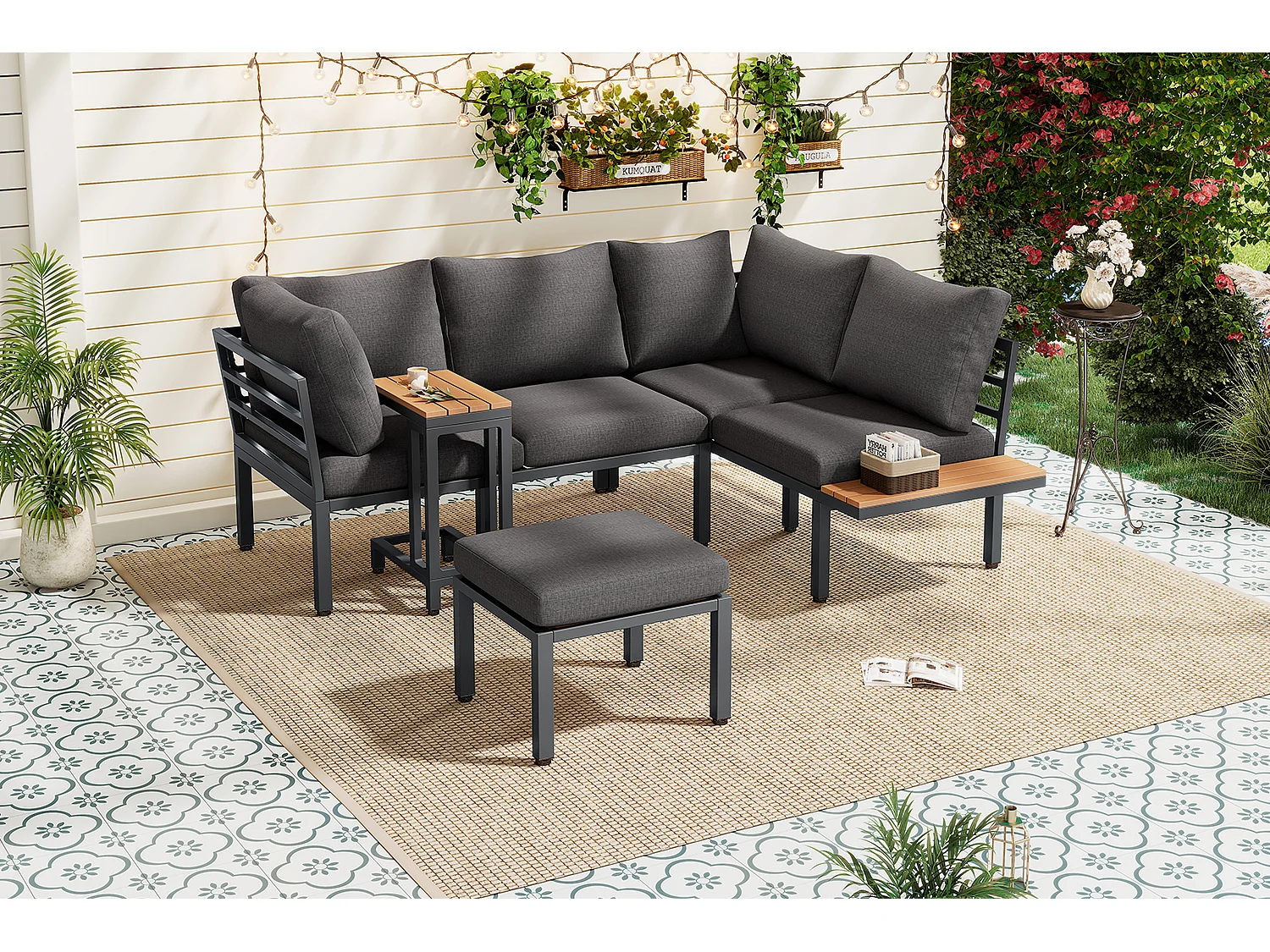 Salon de jardin d'angle en acier galvanisé : 2 canapé 2 places + 1 table basse + 1 table d'appoint - Gris + noir