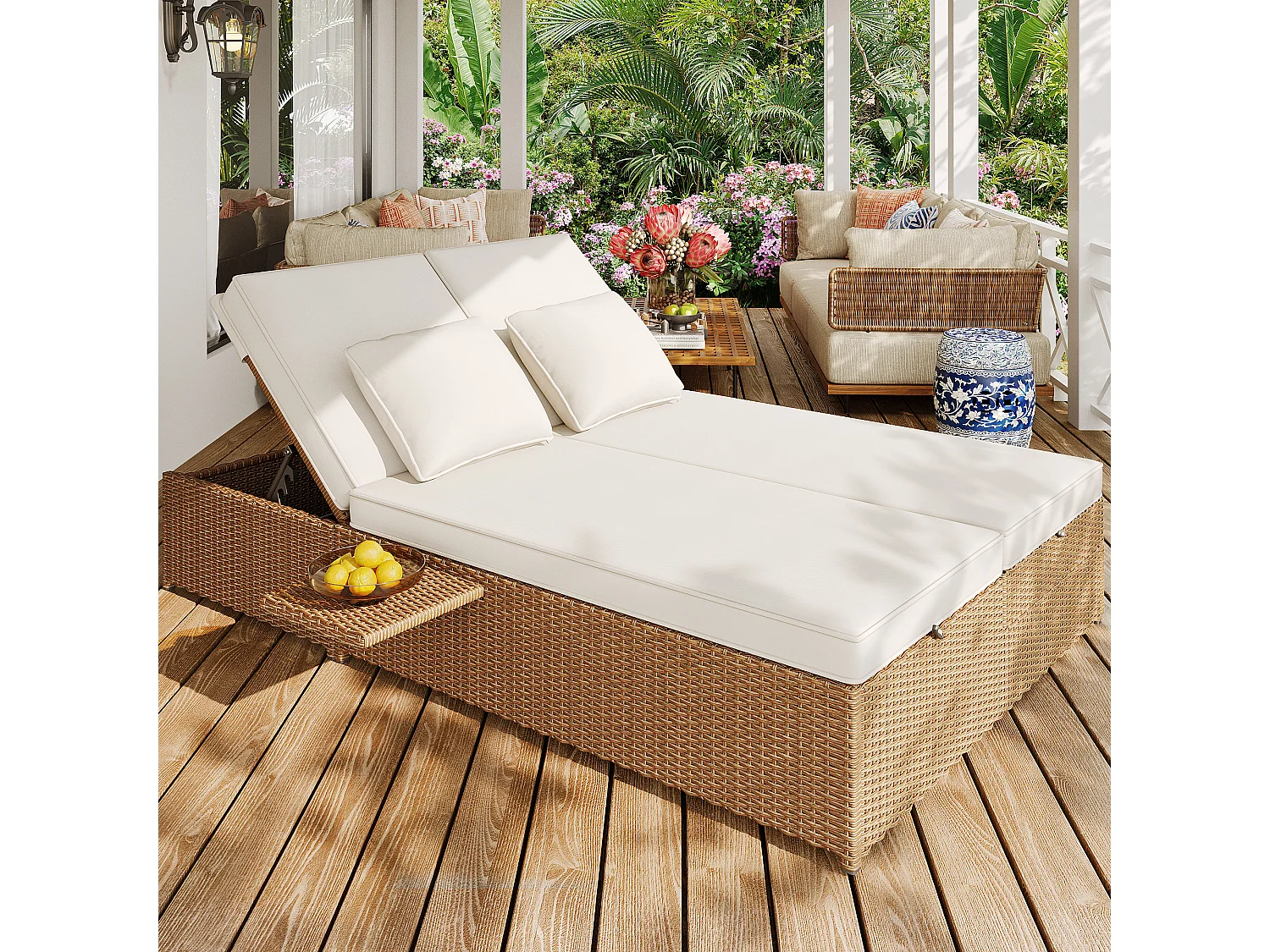 Conjunto de móveis de jardim retráteis de 2 lugares, cadeira de jardim de vime de poliéster - 2 mesas de centro dobráveis - Branco