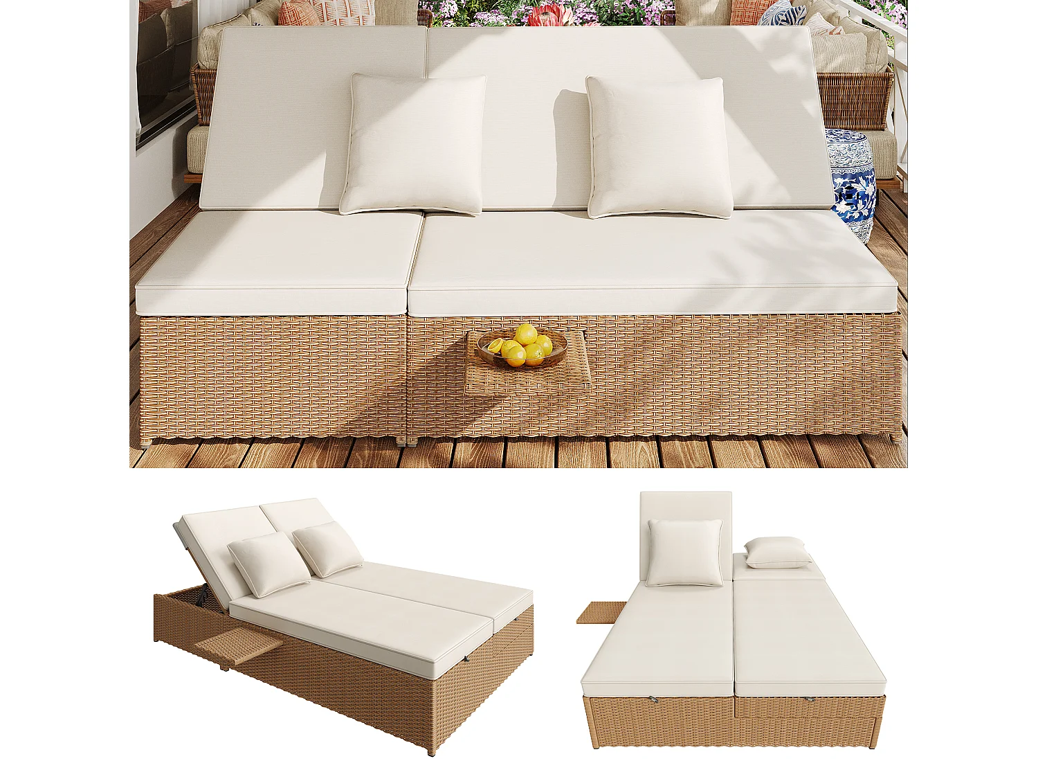 Conjunto de móveis de jardim retráteis de 2 lugares, cadeira de jardim de vime de poliéster - 2 mesas de centro dobráveis - Branco