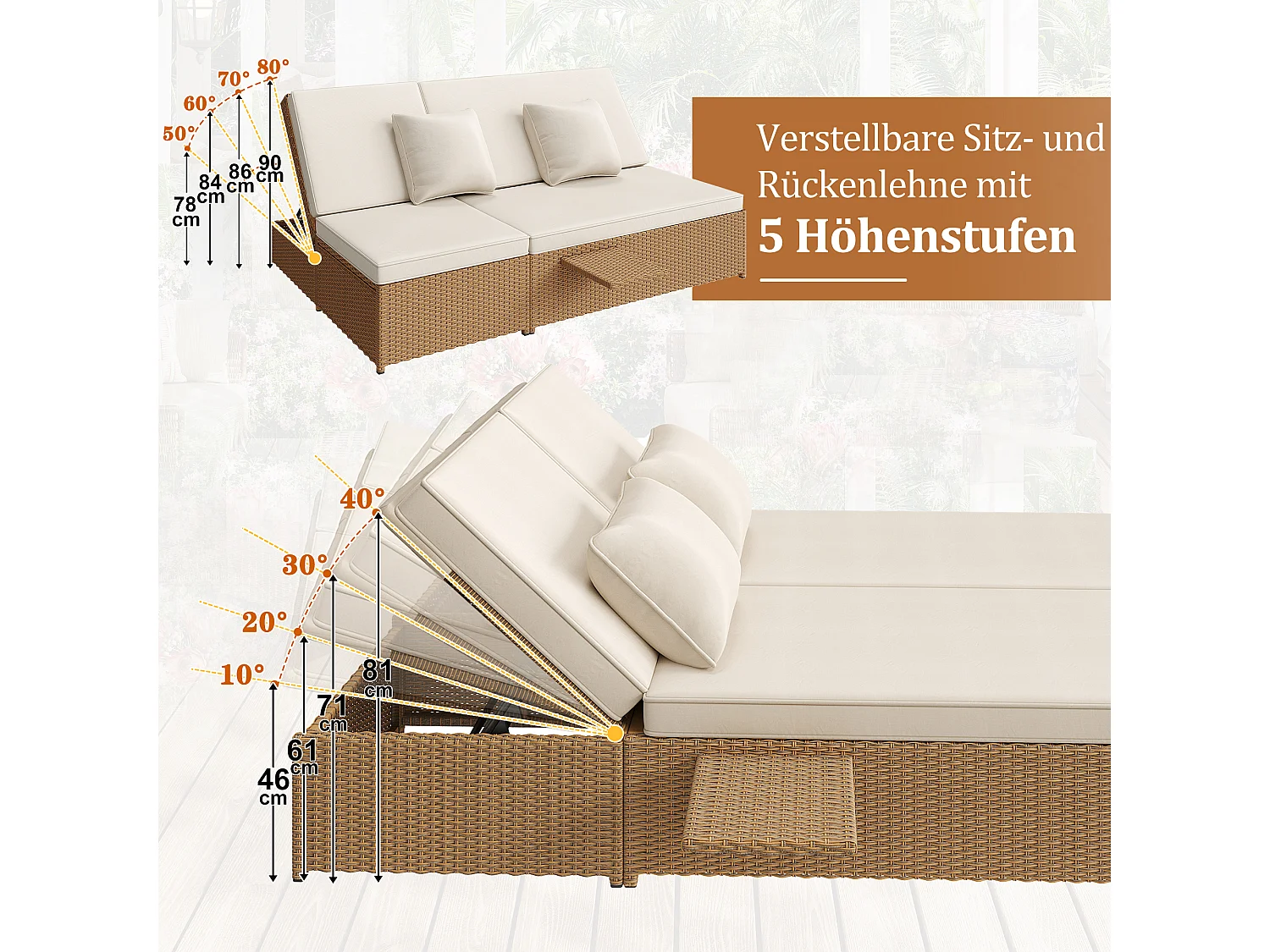 Conjunto de móveis de jardim retráteis de 2 lugares, cadeira de jardim de vime de poliéster - 2 mesas de centro dobráveis - Branco