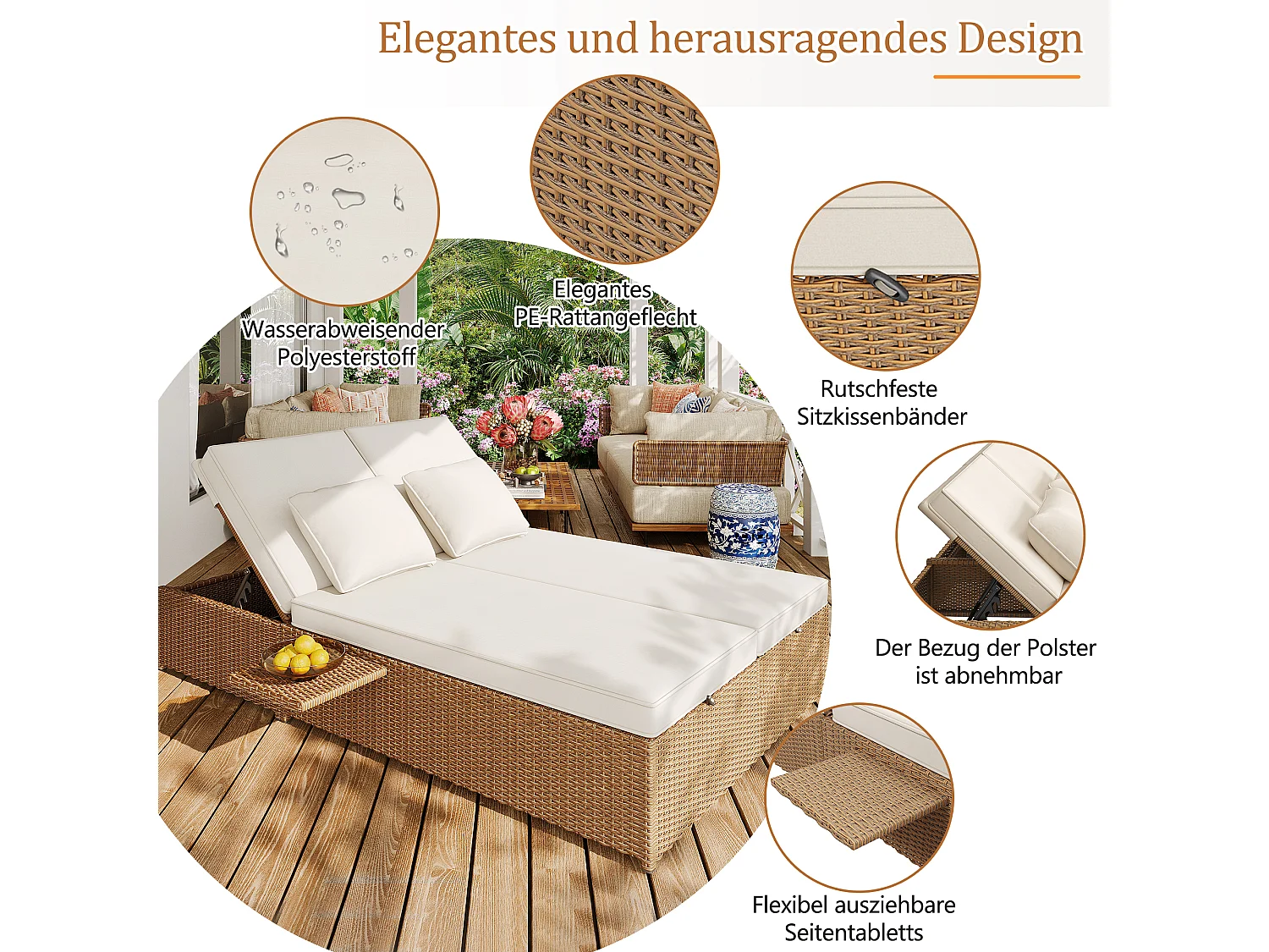 Conjunto de móveis de jardim retráteis de 2 lugares, cadeira de jardim de vime de poliéster - 2 mesas de centro dobráveis - Branco