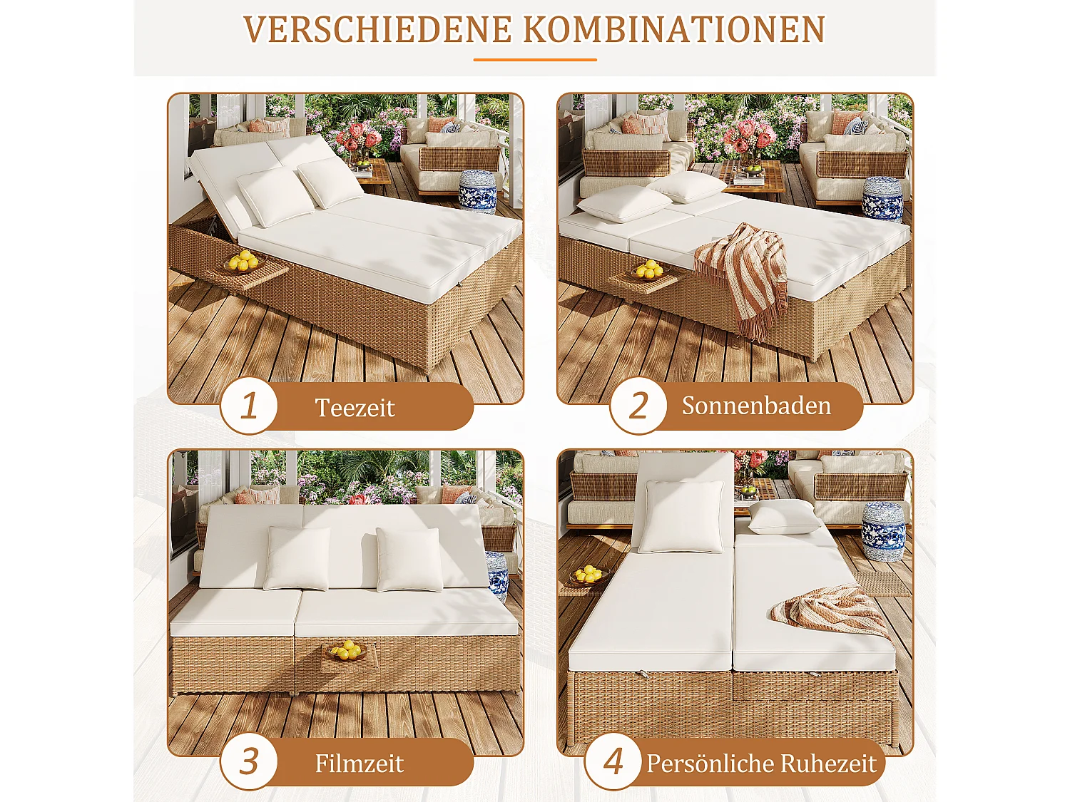 Conjunto de móveis de jardim retráteis de 2 lugares, cadeira de jardim de vime de poliéster - 2 mesas de centro dobráveis - Branco