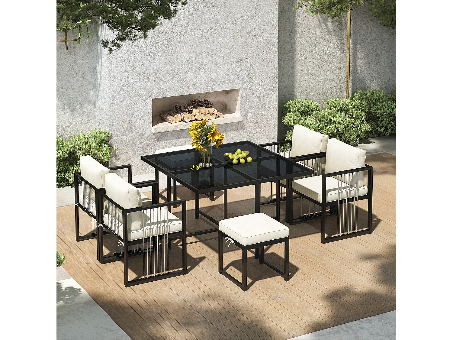 Zestaw mebli ogrodowych metalowych 6-osobowy: stół jadalny + 4 fotele + 2 hokery - na taras, do ogrodu i na balkon - Biały + czarny
