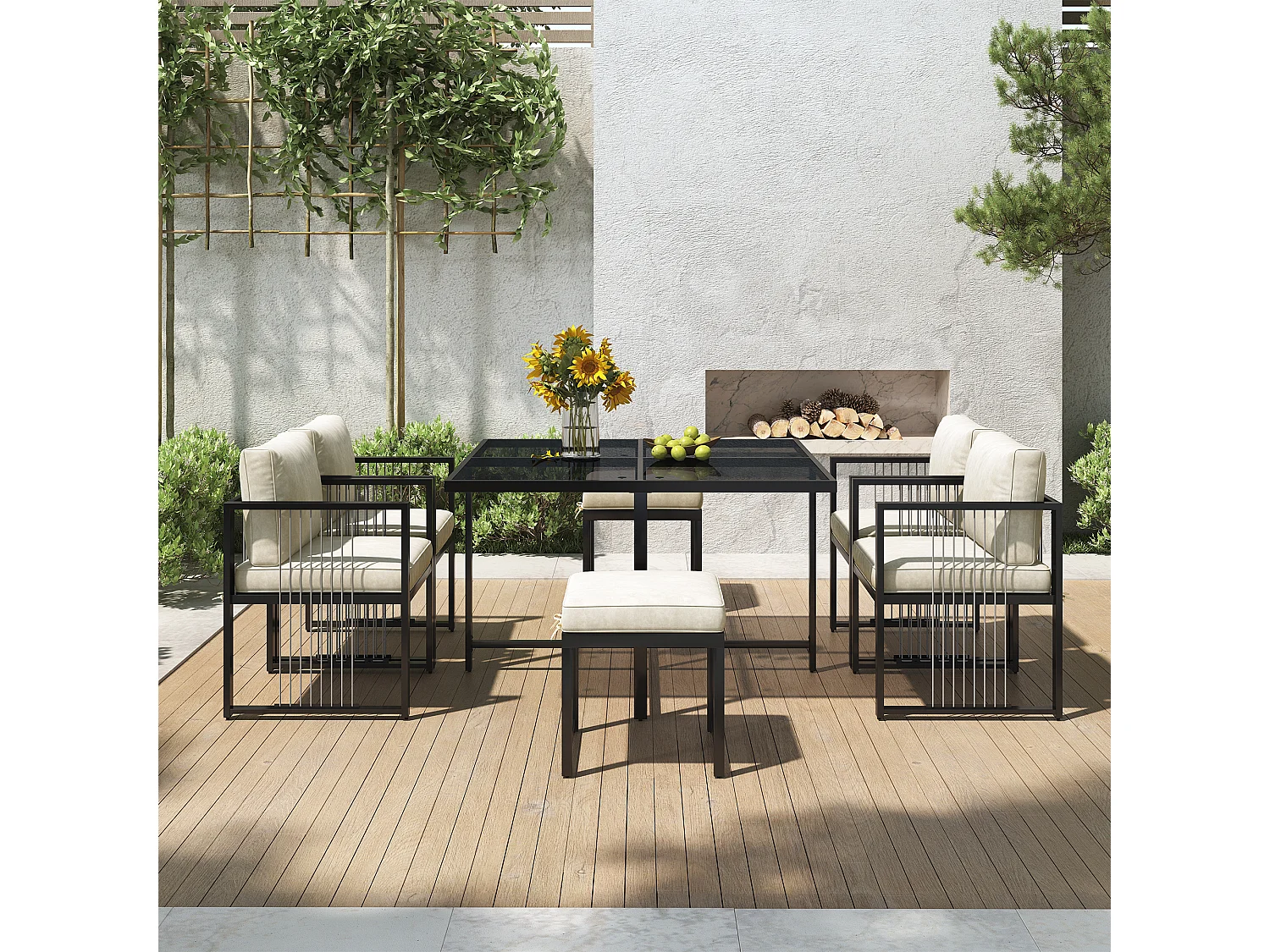 Zestaw mebli ogrodowych metalowych 6-osobowy: stół jadalny + 4 fotele + 2 hokery - na taras, do ogrodu i na balkon - Biały + czarny
