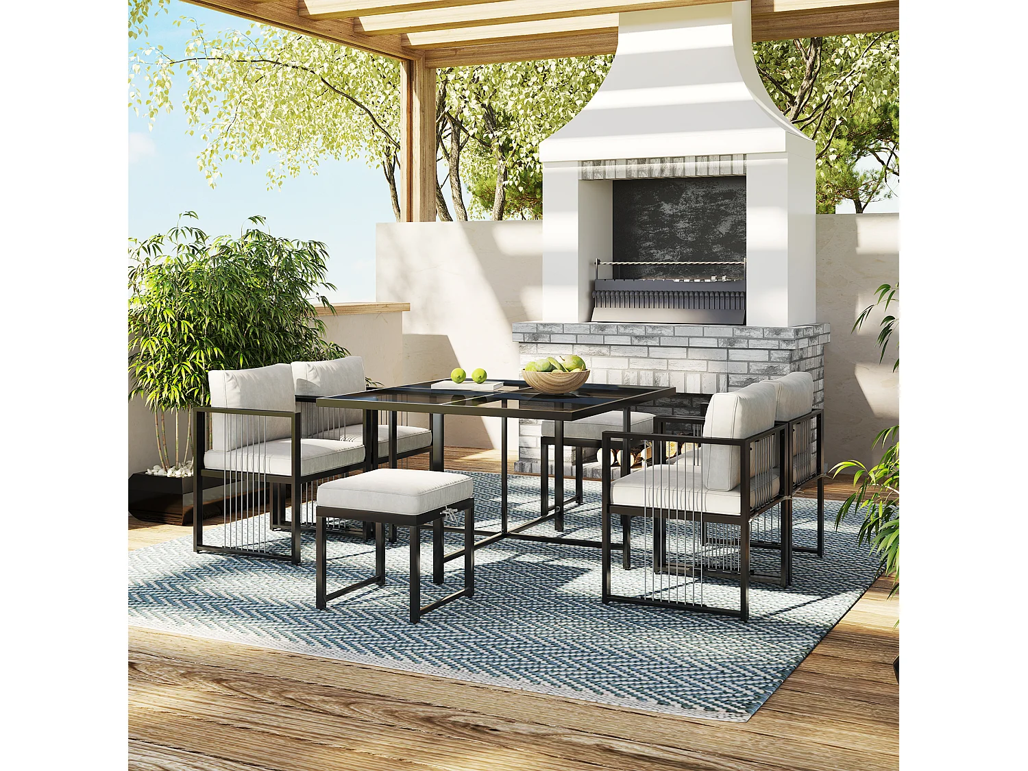 Zestaw mebli ogrodowych metalowych 6-osobowy: stół jadalny + 4 fotele + 2 hokery - na taras, do ogrodu i na balkon - Biały + czarny