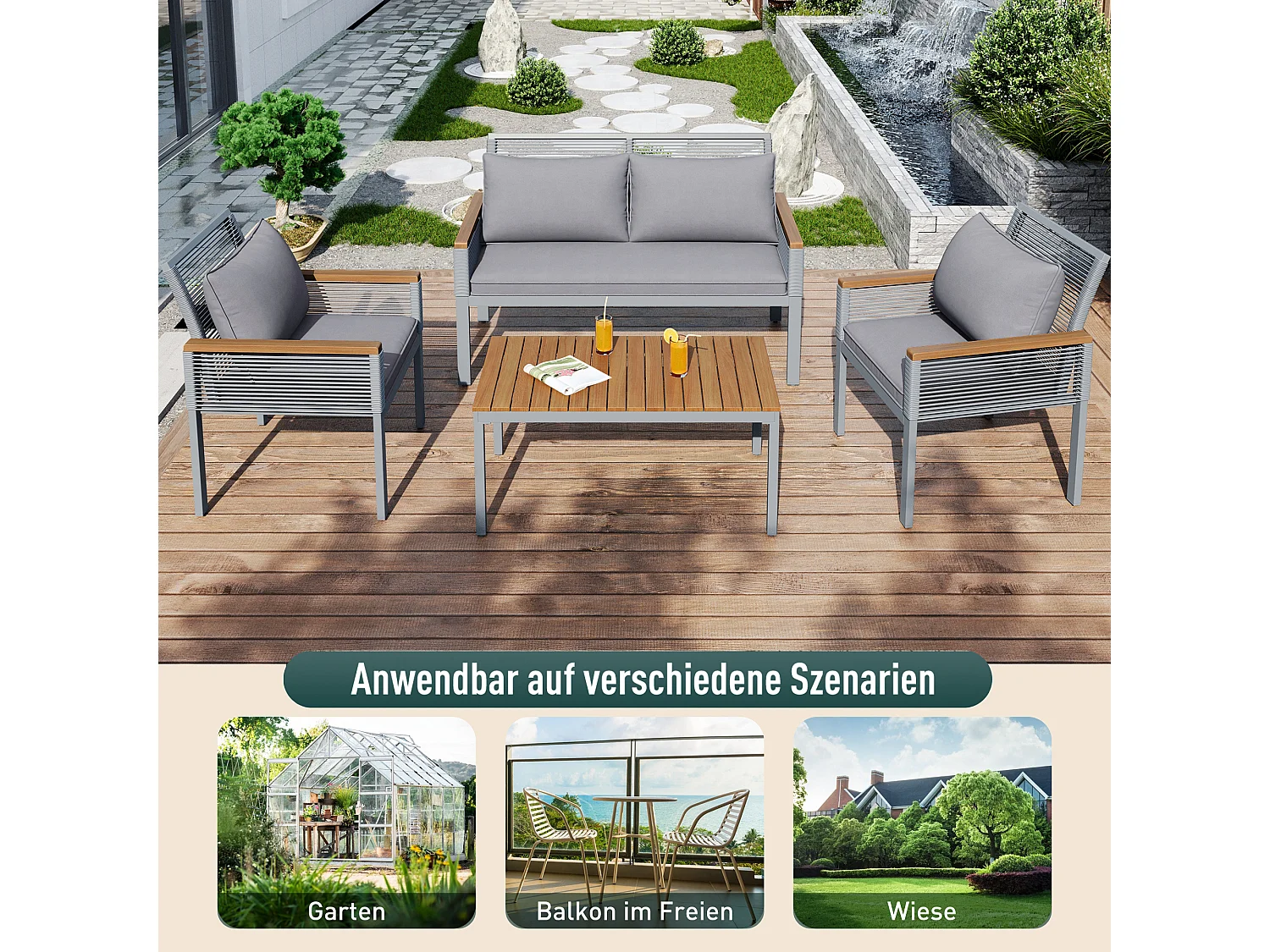 Modulaire metalen tuinmeubelen: 1 2-zitsbank + 2 fauteuils + 1 salontafel - Grijs