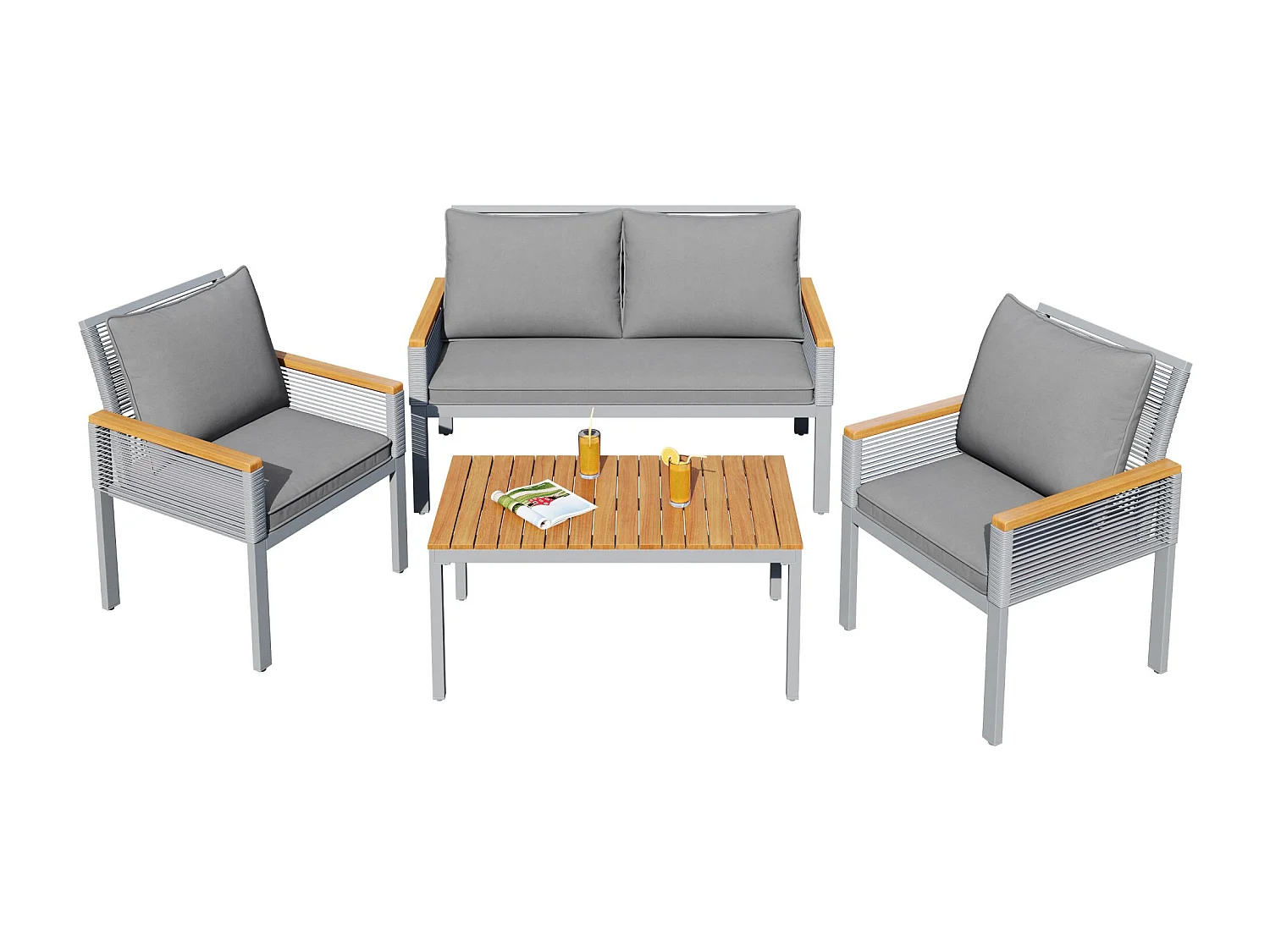 Modulaire metalen tuinmeubelen: 1 2-zitsbank + 2 fauteuils + 1 salontafel - Grijs