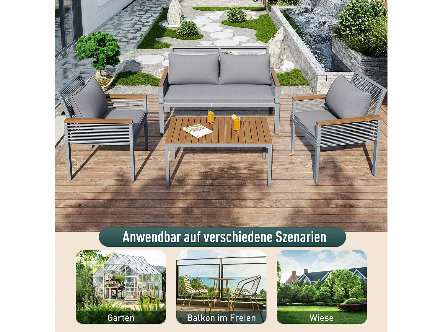 Modulare Gartenmöbel aus Metall: 1 2-Sitzer-Sofa + 2 Sessel + 1 Couchtisch - Grau