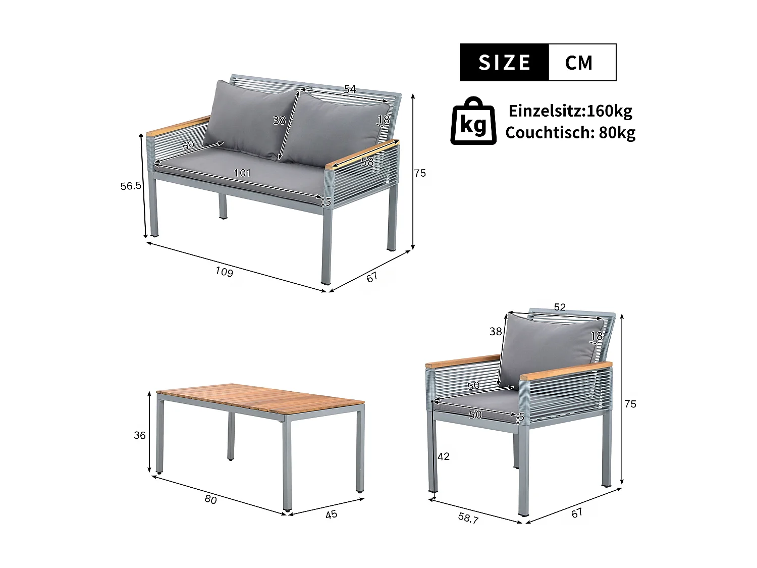 Modulare Gartenmöbel aus Metall: 1 2-Sitzer-Sofa + 2 Sessel + 1 Couchtisch - Grau