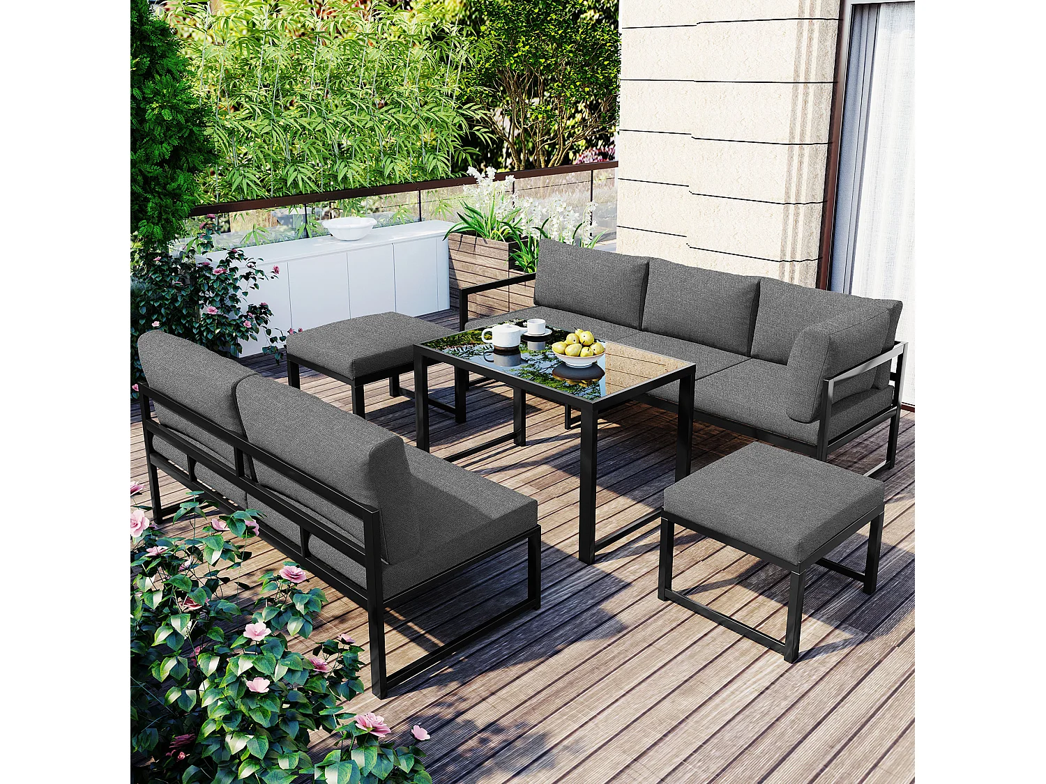 Salon de jardin modulable en métal: 1 canapé relevable 3 places + 1 canapé 2 places + 2 tabourets + 1 table basse en verre - Gris + noir