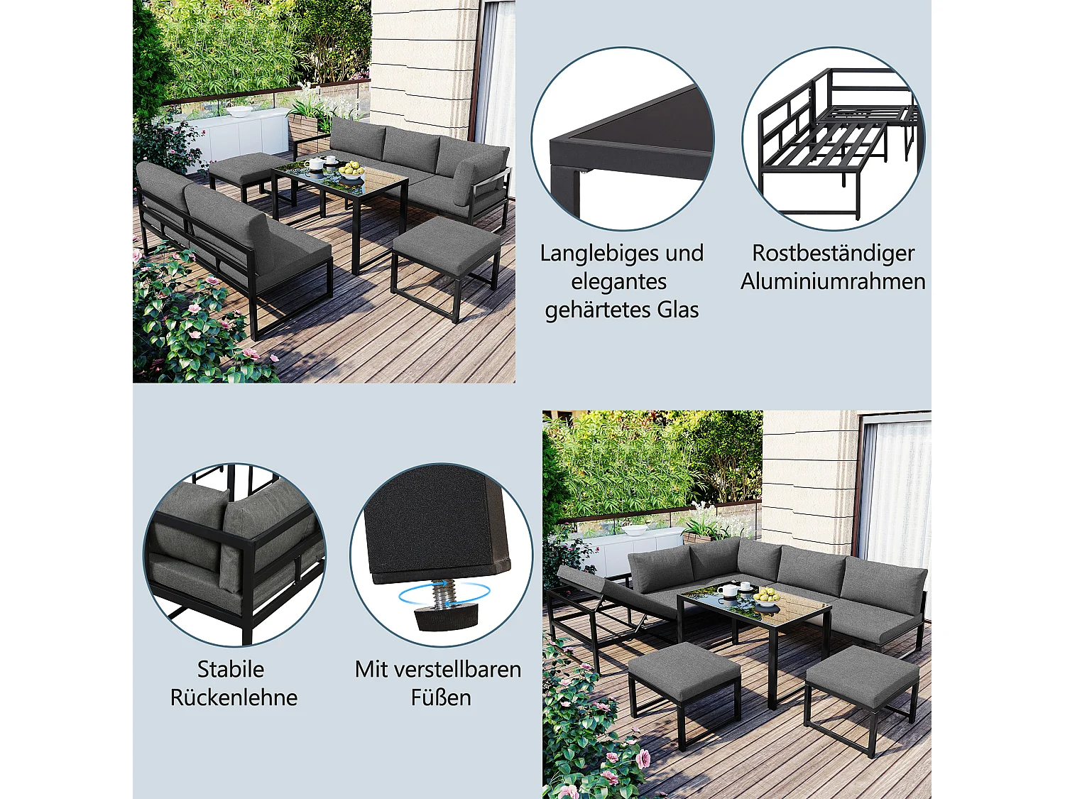 Salon de jardin modulable en métal: 1 canapé relevable 3 places + 1 canapé 2 places + 2 tabourets + 1 table basse en verre - Gris + noir