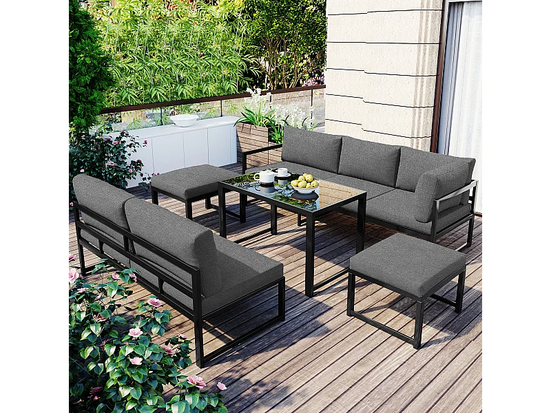 Zestaw mebli ogrodowych modułowych metalowych: 1 sofa 3-osobowa podnoszona + 1 sofa 2-osobowa + 2 stołki + 1 szklany stolik kawowy - Szary + czarny