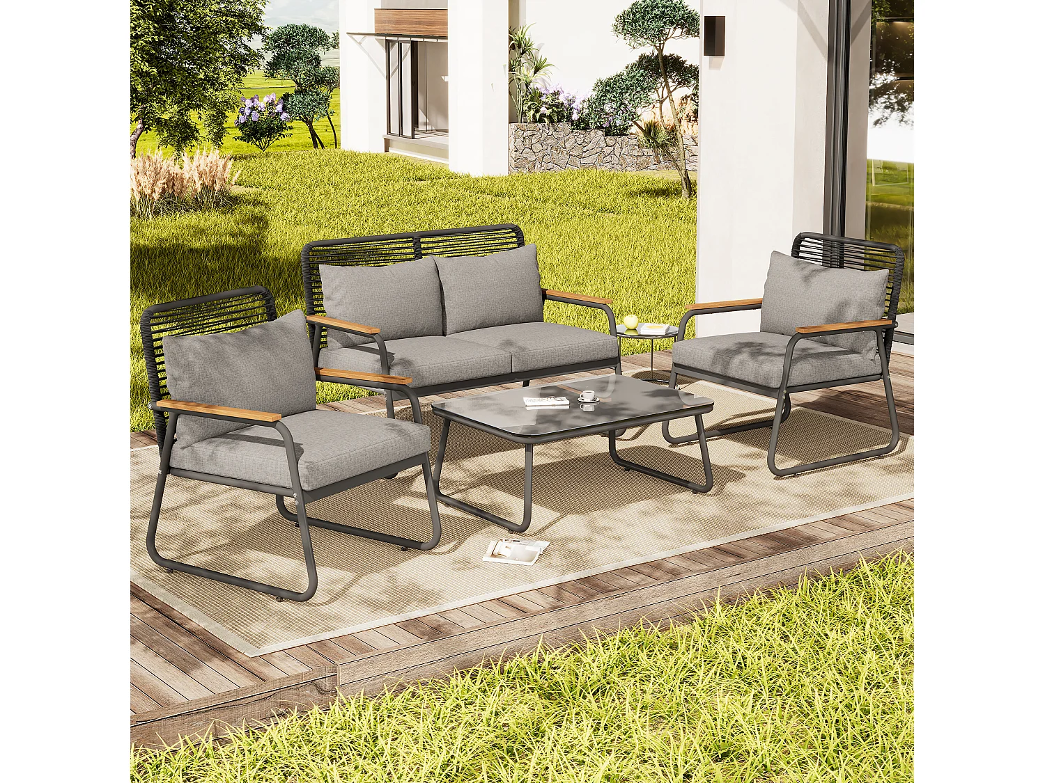 Modulair tuinmeubilair in gegalvaniseerd ijzer: 1 2-zitsbank + 2 fauteuils + salontafel - Lichtgrijs