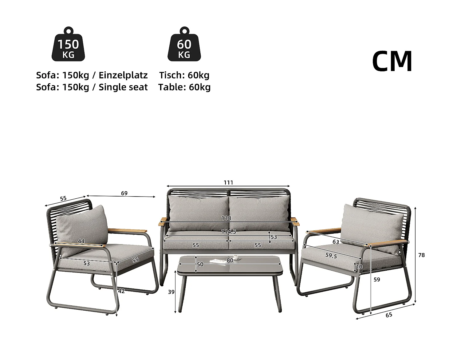 Modulair tuinmeubilair in gegalvaniseerd ijzer: 1 2-zitsbank + 2 fauteuils + salontafel - Lichtgrijs