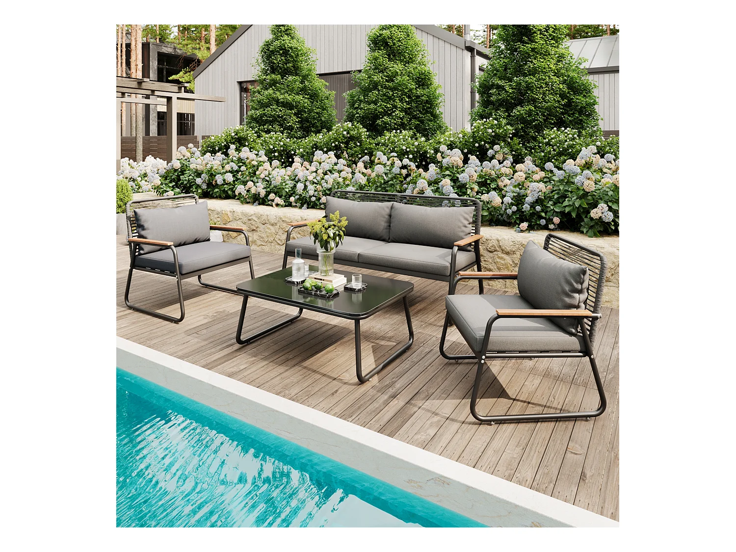Modulare Gartenmöbel aus verzinktem Eisen: 1 2-Sitzer-Sofa + 2 Sessel + Couchtisch - Hellgrau