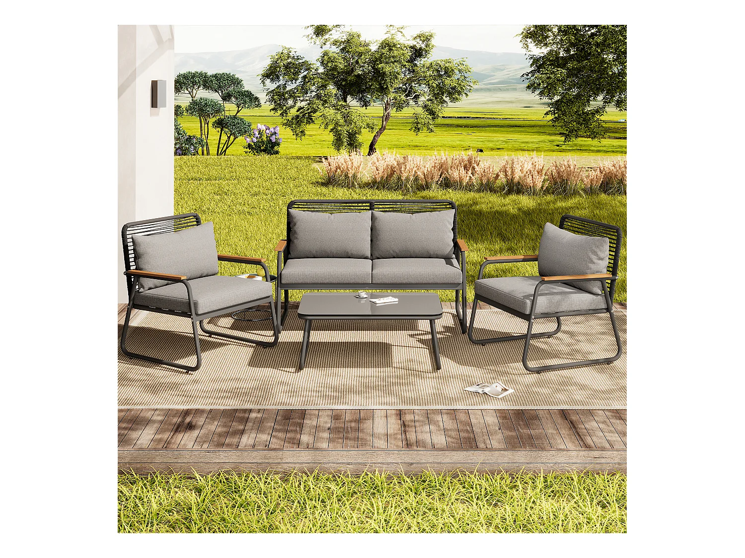 Zestaw mebli ogrodowych modułowych z ocynkowanego żelaza: 1 sofa 2-osobowa + 2 fotele + stolik kawowy - Jasnoszary